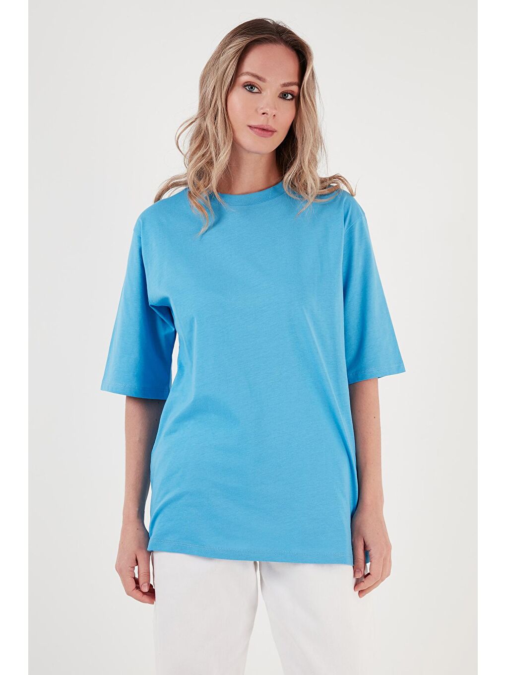 Lela Mavi Pamuklu Oversize Bisiklet Yaka T Shirt 5864562 - 2