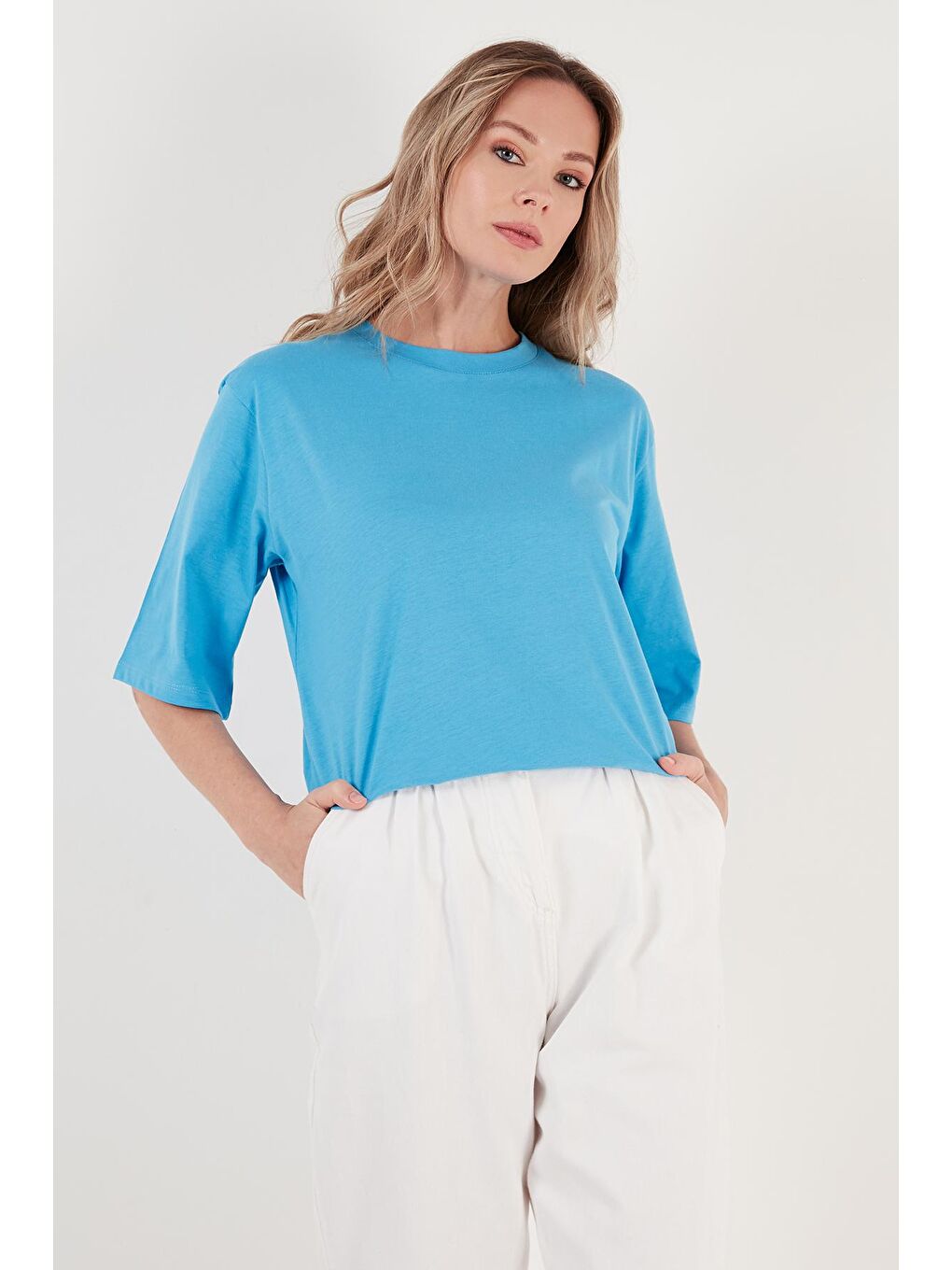 Lela Mavi Pamuklu Oversize Bisiklet Yaka T Shirt 5864562 - 3