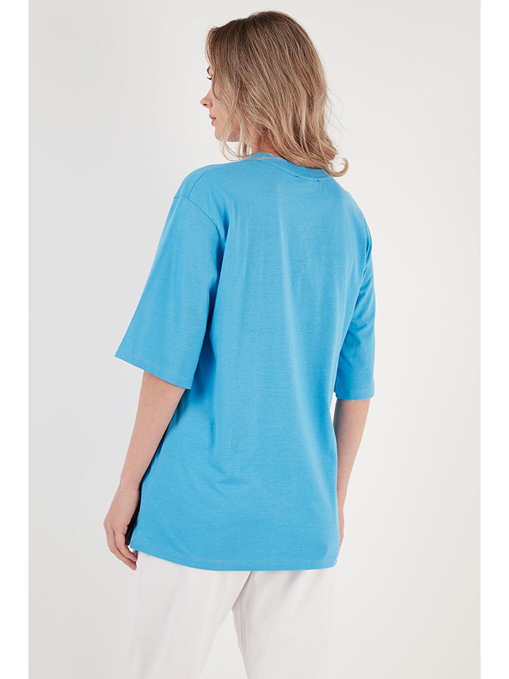 Lela Mavi Pamuklu Oversize Bisiklet Yaka T Shirt 5864562 - 4