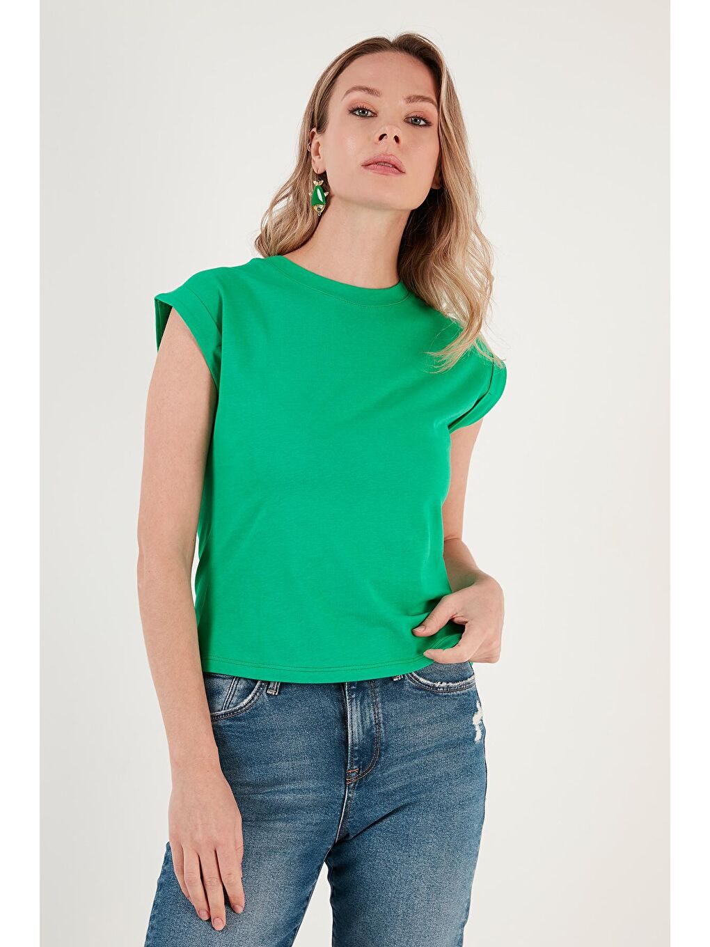 Lela Yeşil Bisiklet Yaka % 100 Pamuk Basic T Shirt 5864121 - 1