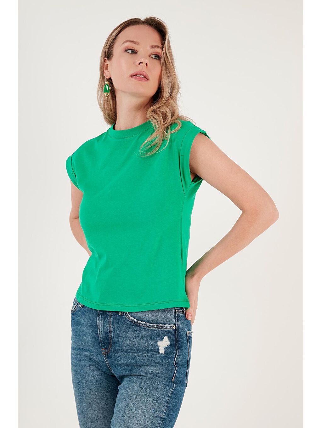 Lela Yeşil Bisiklet Yaka % 100 Pamuk Basic T Shirt 5864121 - 3