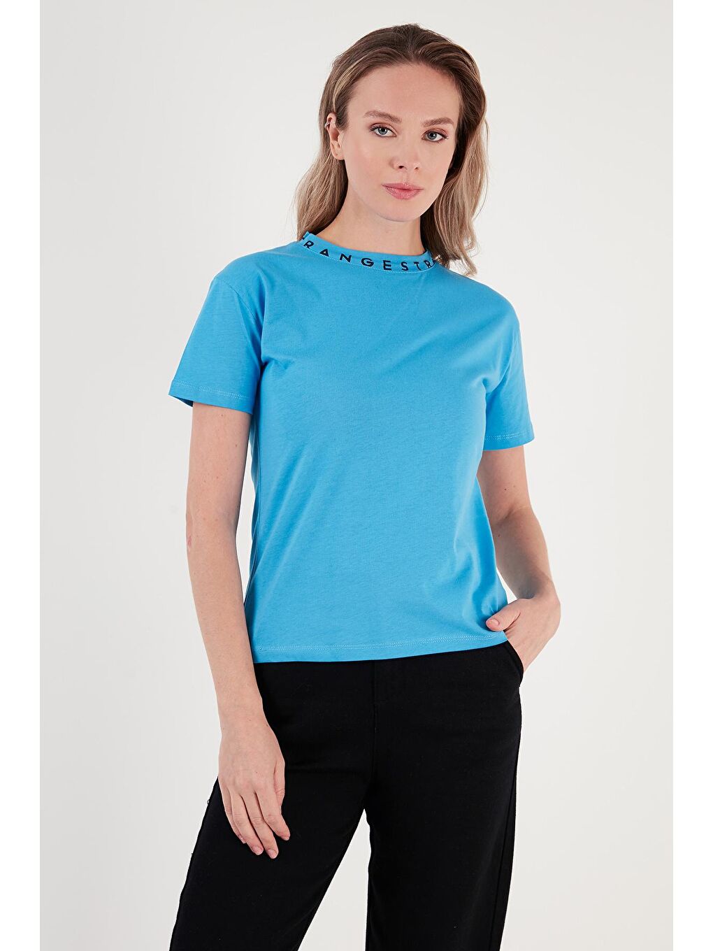 Lela Mavi Yakası Baskılı Bisiklet Yaka Basic Örme T Shirt 5864054 - 2