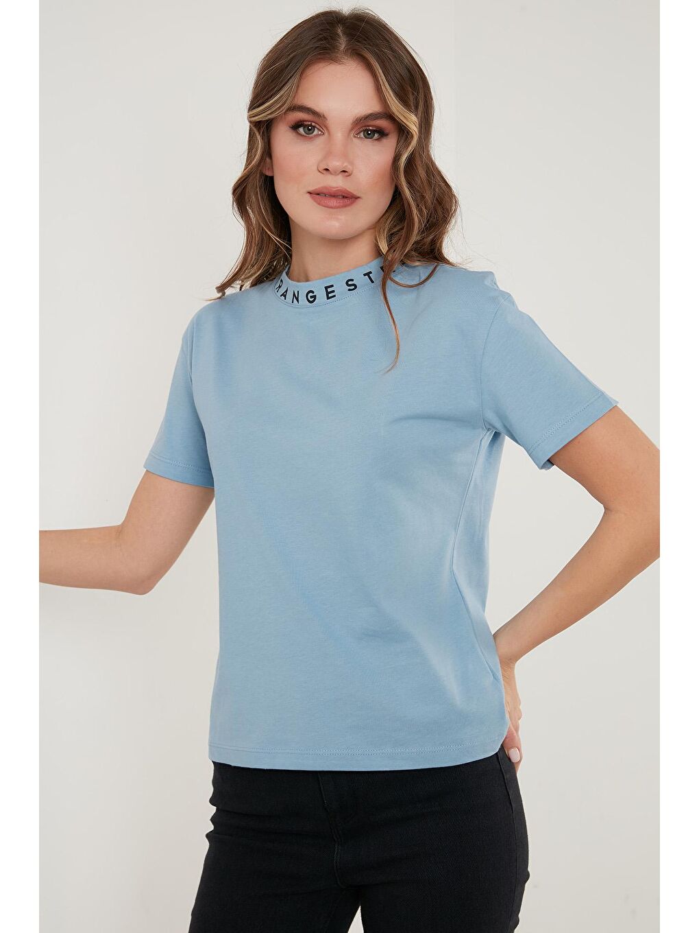 Lela Mavi Yakası Baskılı Bisiklet Yaka Basic Örme T Shirt 5864054 - 6