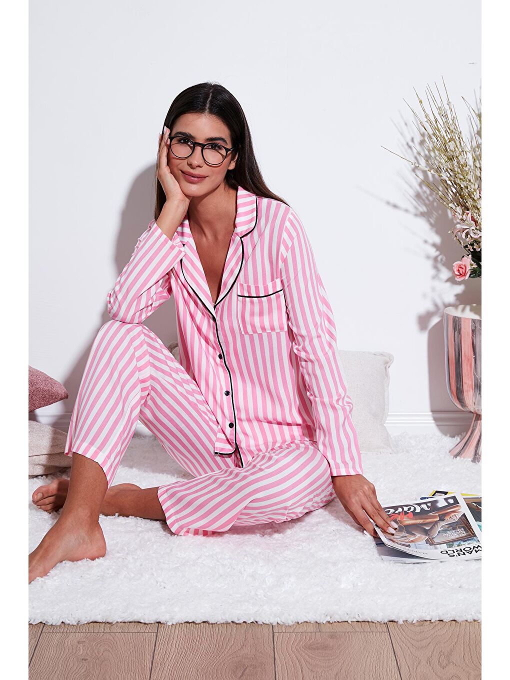 Lela Pembe Çizgili Regular Fit Tek Cepli İnce Pijama Takımı 611PT620