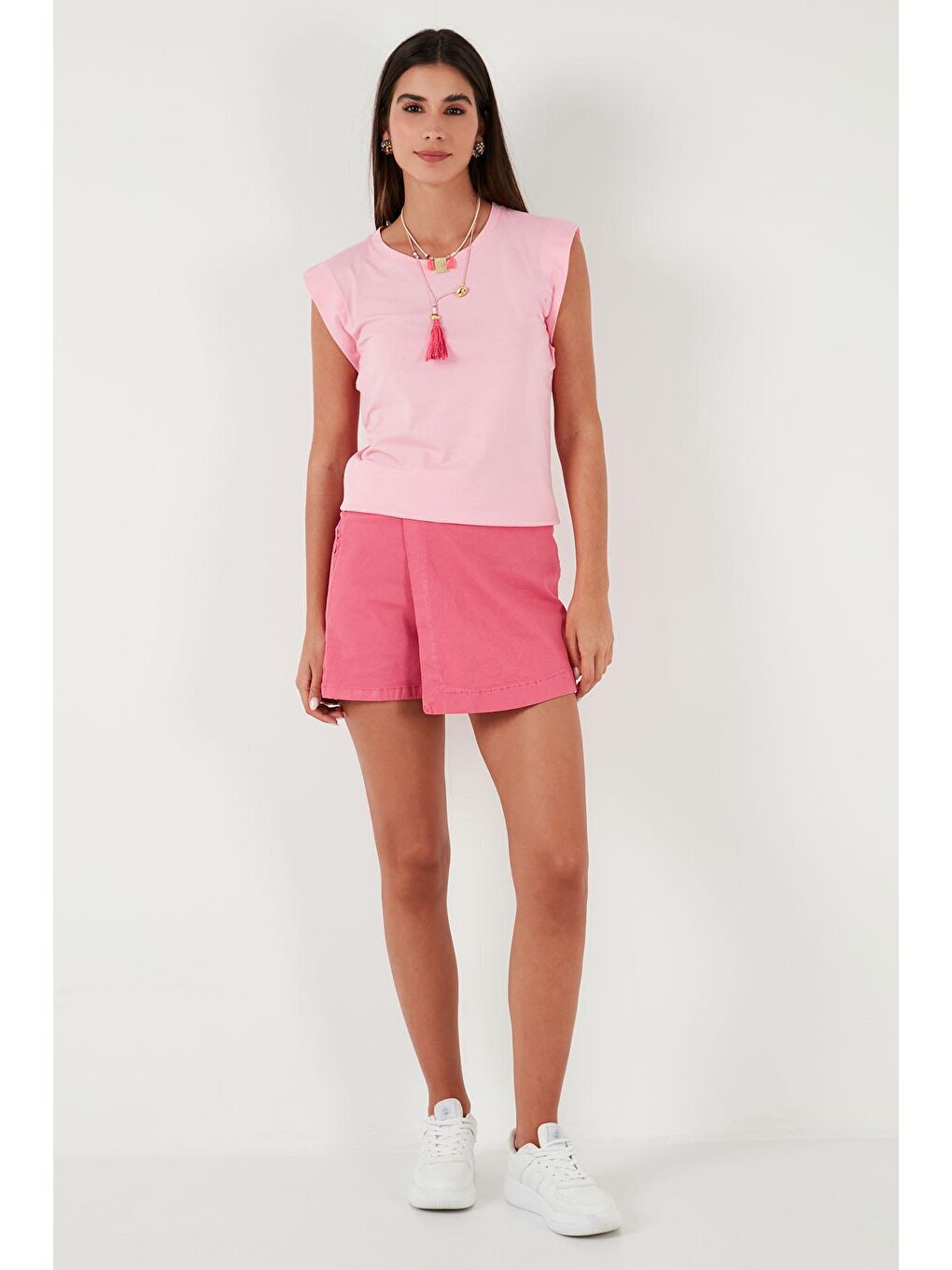 Pembe % 100 Pamuklu Bisiklet Yaka Kolsuz Kadın T Shirt 5864019-2