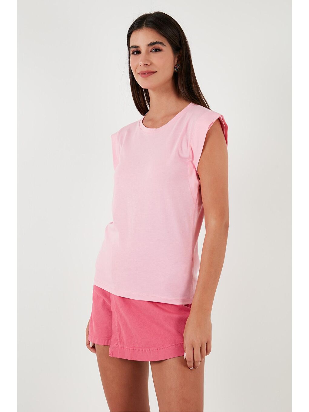 Pembe % 100 Pamuklu Bisiklet Yaka Kolsuz Kadın T Shirt 5864019-3