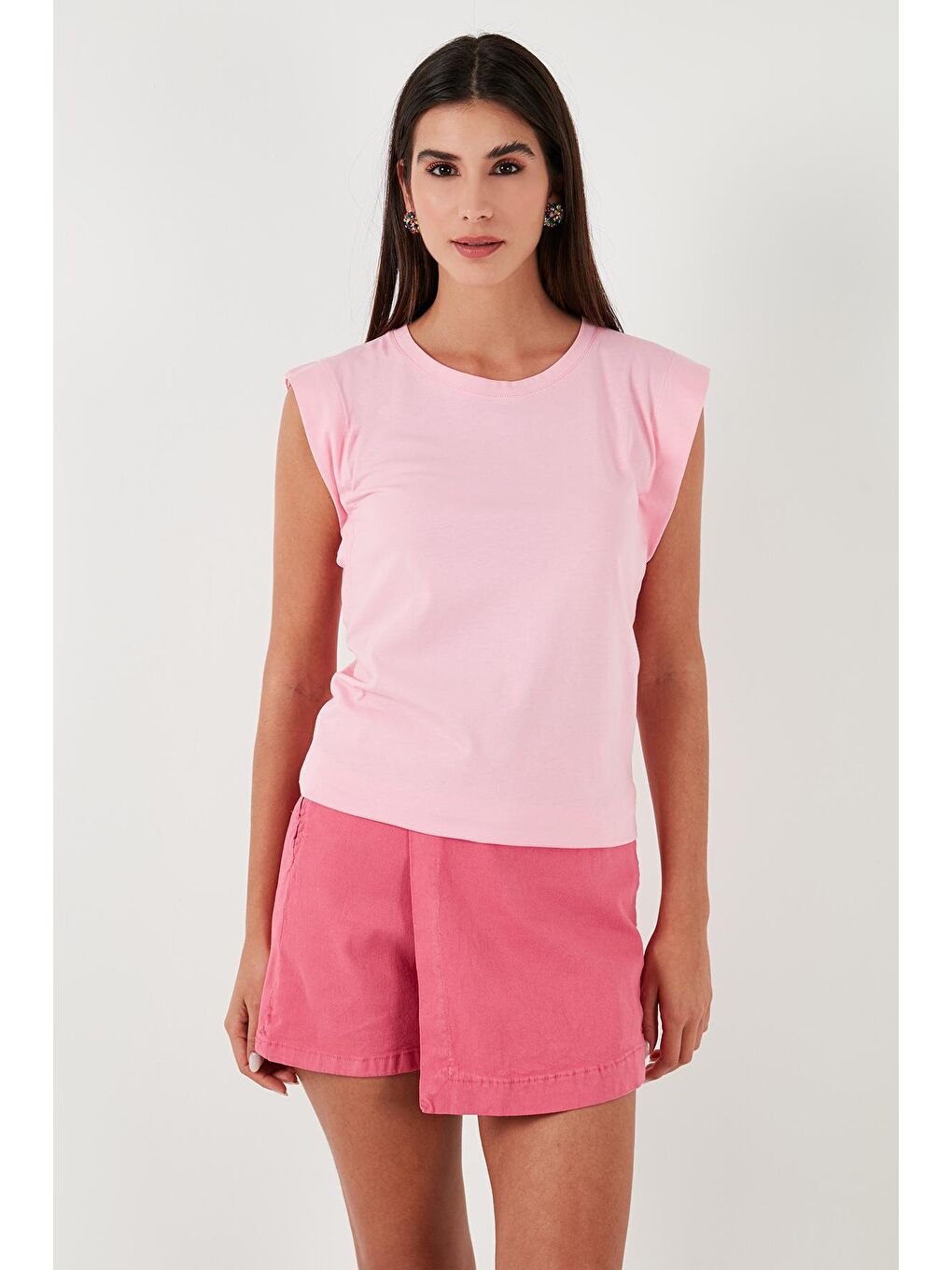 Pembe % 100 Pamuklu Bisiklet Yaka Kolsuz Kadın T Shirt 5864019-4