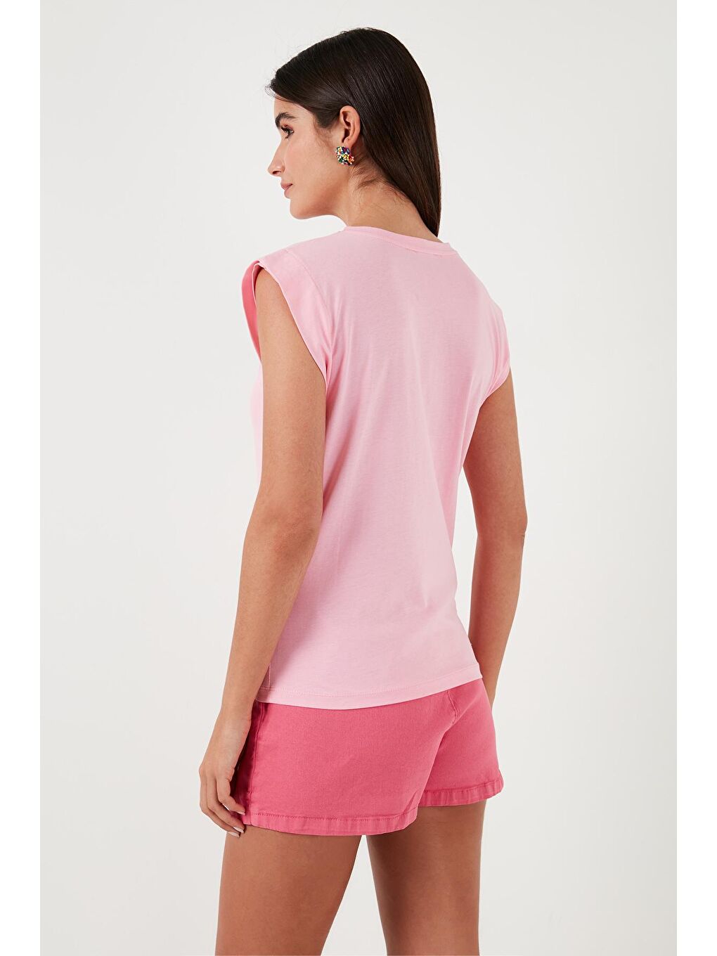 Pembe % 100 Pamuklu Bisiklet Yaka Kolsuz Kadın T Shirt 5864019-5