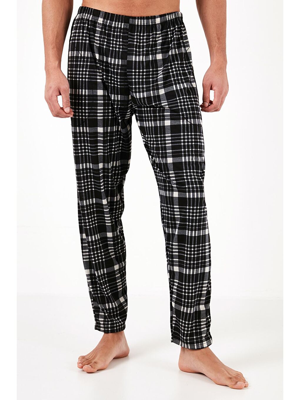 Siyah Ekoseli Elastik Bel Bantlı %100 Pamuk Regular Fit Cepli Pijama Altı 60961006-2