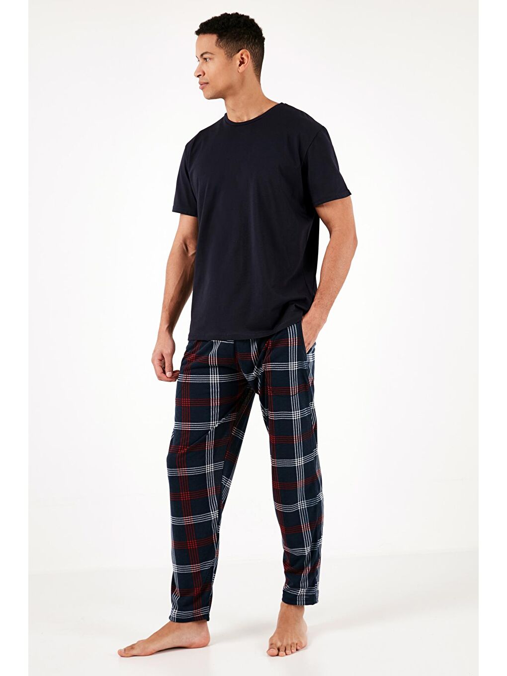 Lacivert Ekoseli Elastik Bel Bantlı %100 Pamuk Regular Fit Cepli Pijama Altı 60961006-4