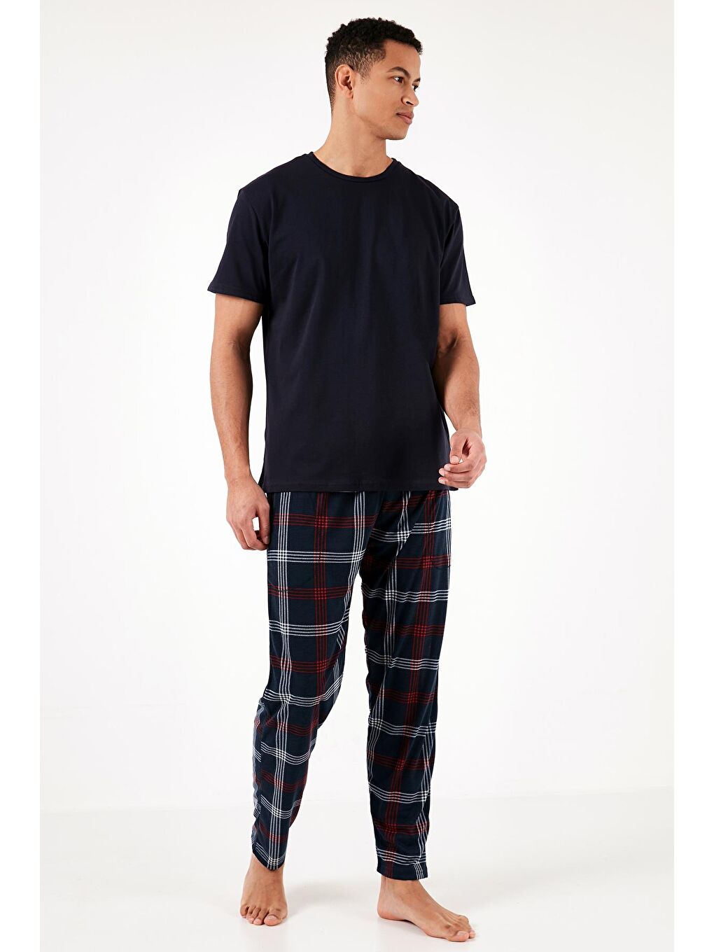 Lacivert Ekoseli Elastik Bel Bantlı %100 Pamuk Regular Fit Cepli Pijama Altı 60961006-5