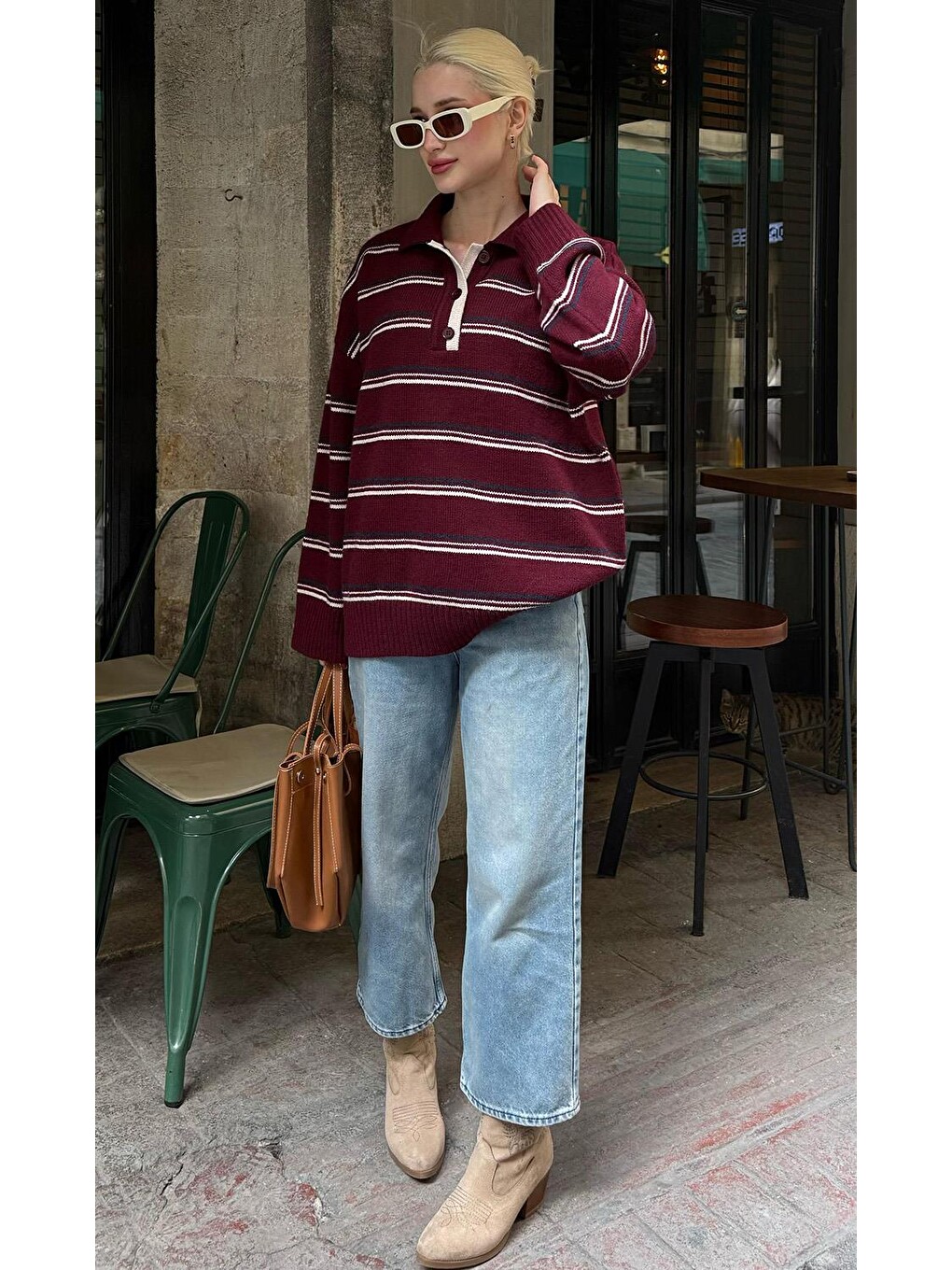 Bordo Çizgili Düğmeli Polo Yaka Kazak Mg2357