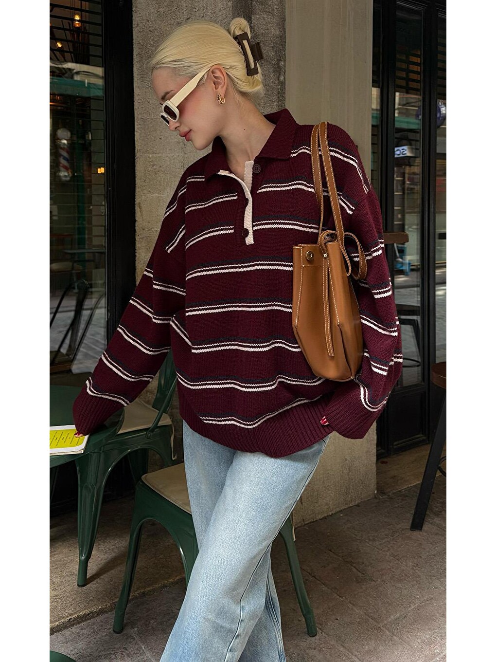 Bordo Çizgili Düğmeli Polo Yaka Kazak Mg2357-2