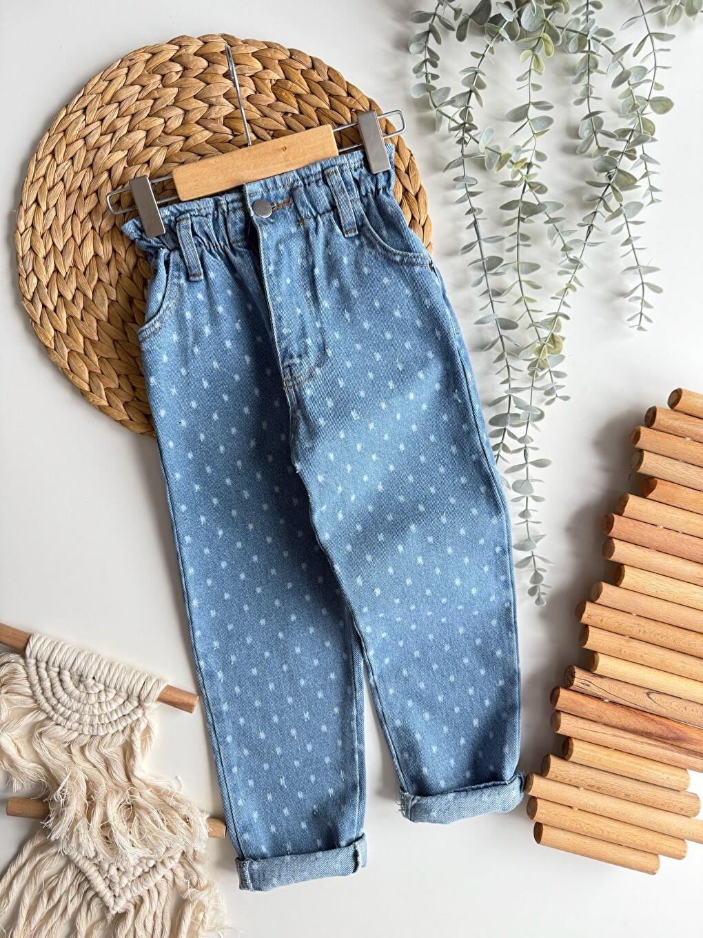 Kız Çocuk Pamuklu Mavi Puantiye Desenli Denim Pantolon – Lastik Belli, Rahat Kesim-1