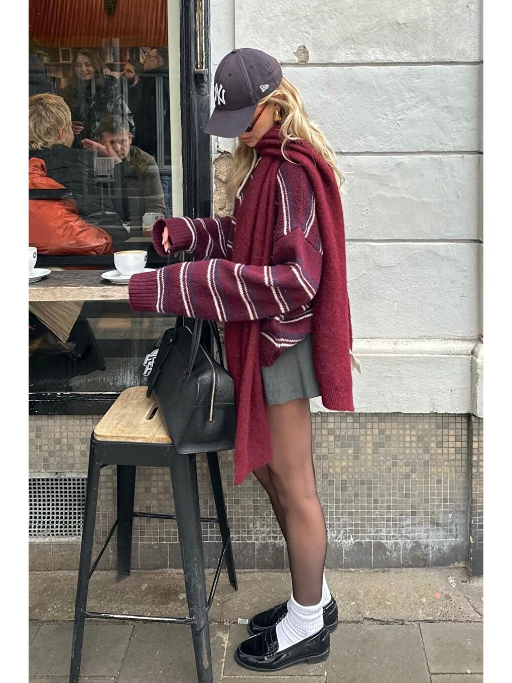 Bordo Çizgili Düğmeli Polo Yaka Kazak Mg2357-4