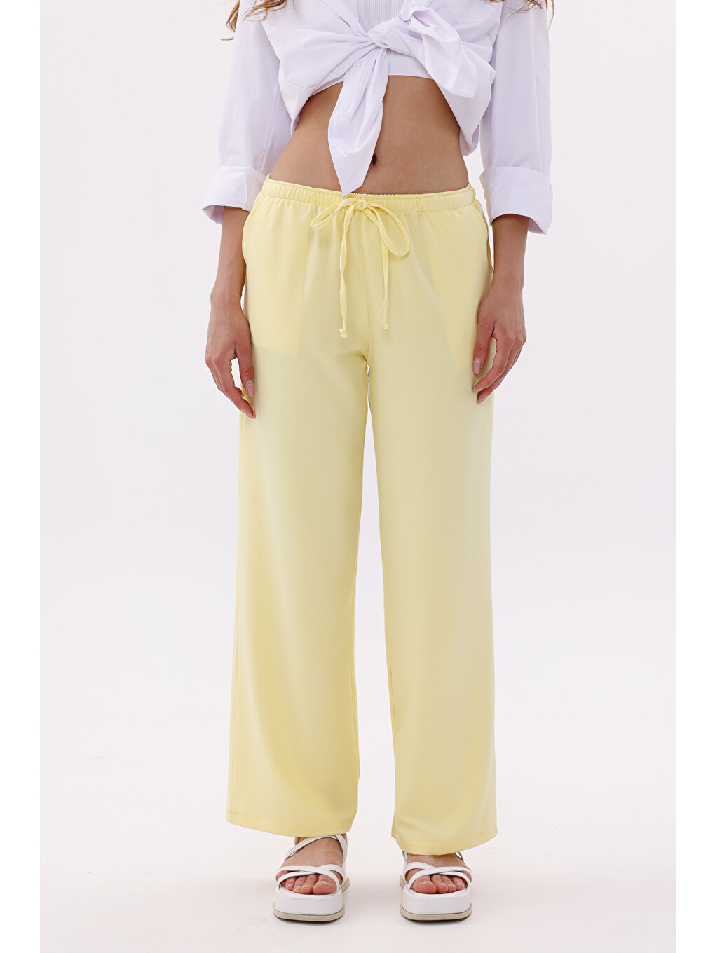 Sarı Kadın Pantolon Geniş Paça Pamuklu Viskon Cepli Pantolon Beli Lastikli Genişpaça-pantolon-3
