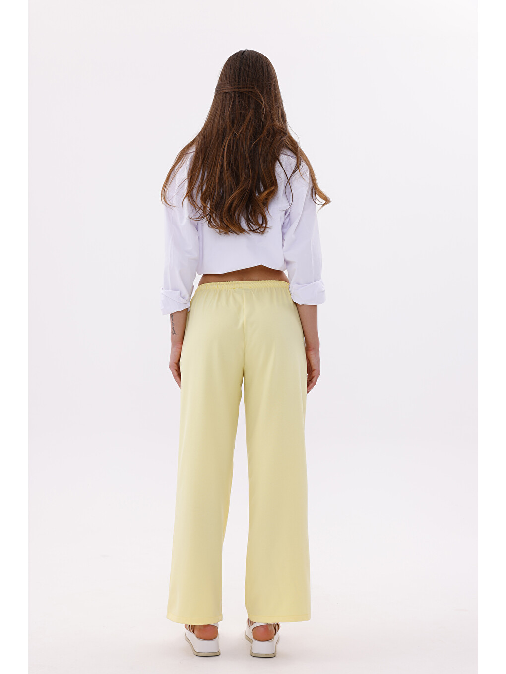 Sarı Kadın Pantolon Geniş Paça Pamuklu Viskon Cepli Pantolon Beli Lastikli Genişpaça-pantolon-7