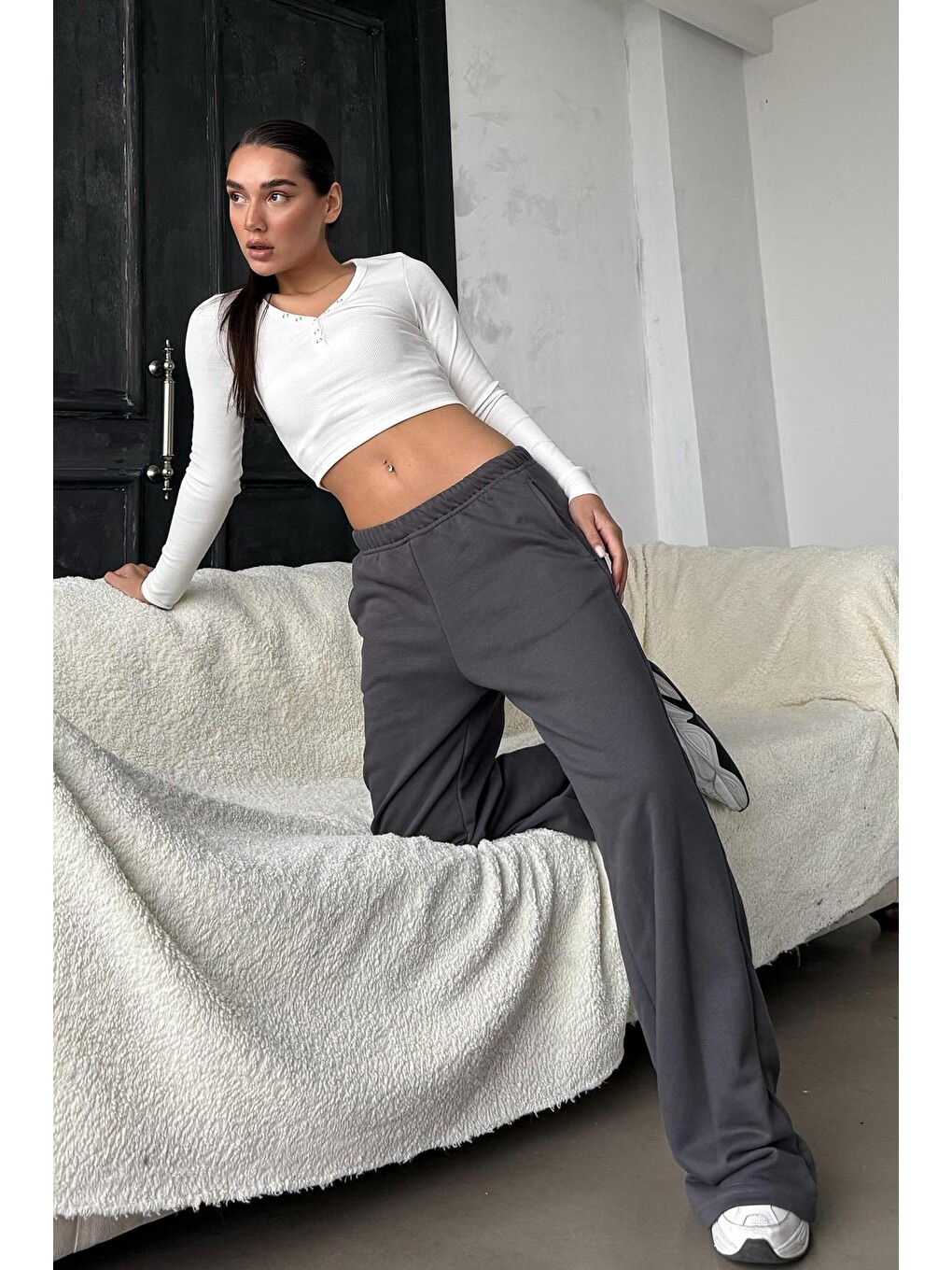 Gri Füme Bol Paça Kadın Eşofman Altı Mg2279-3