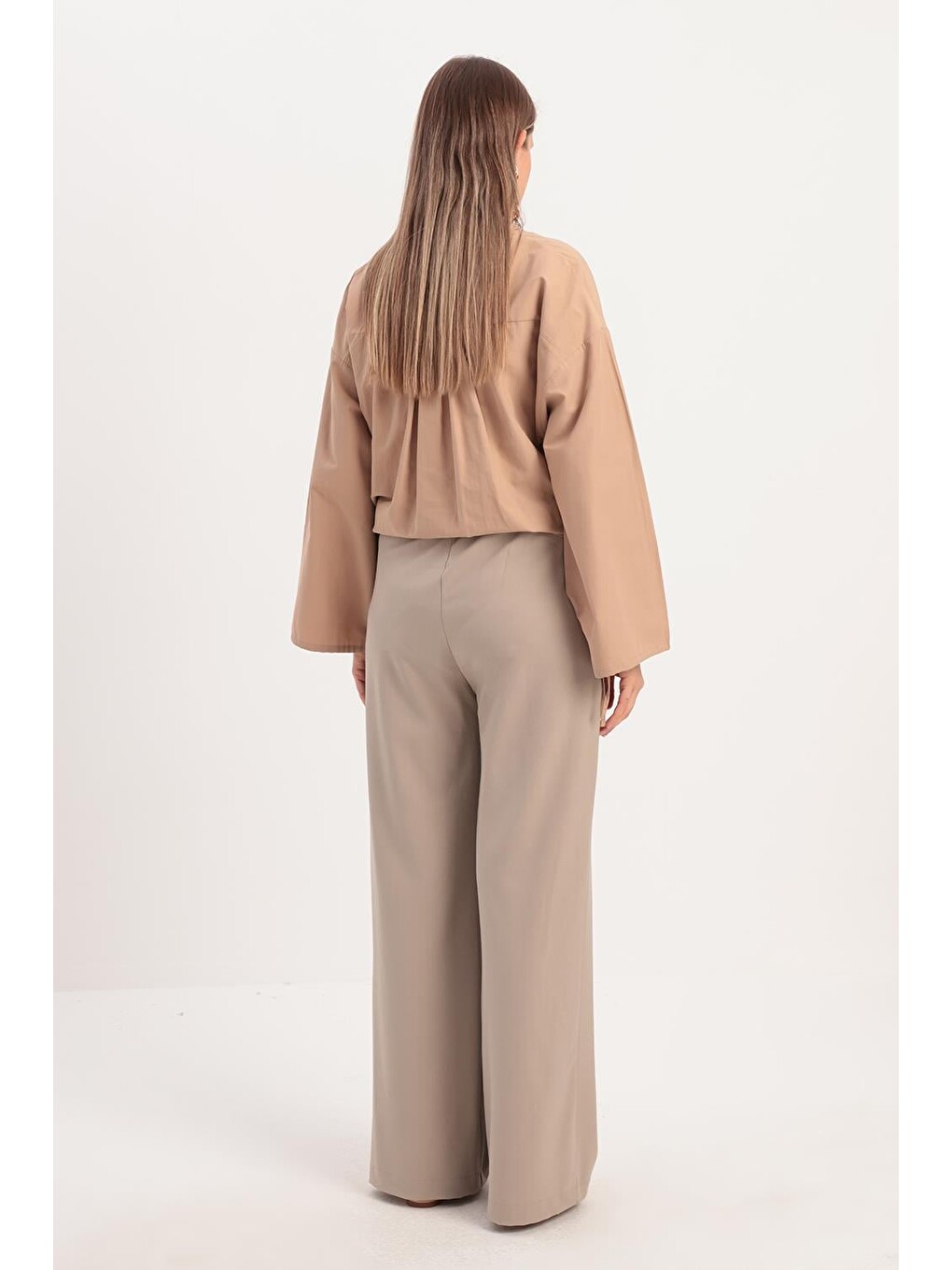 Bej-beli Lastikli Kordonlu Pantolon-1