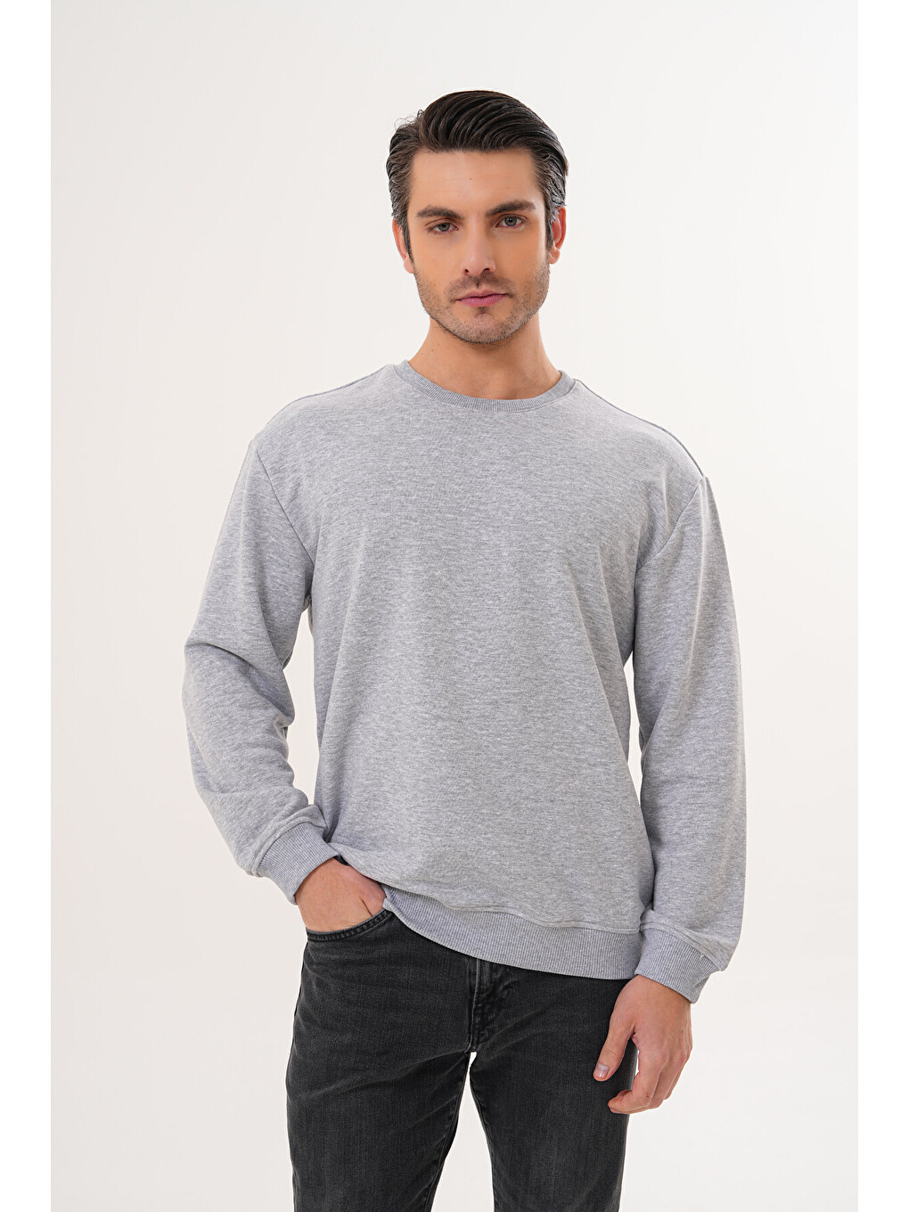 Gri Unisex Bisiklet Yaka %100 Pamuk Basic Sweatshirt-1