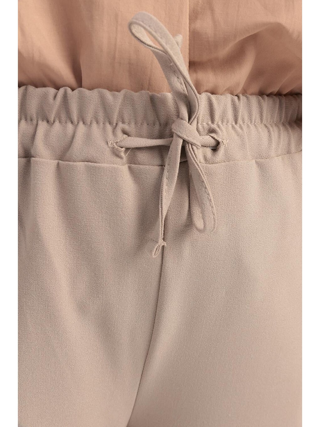 Bej-beli Lastikli Kordonlu Pantolon-3
