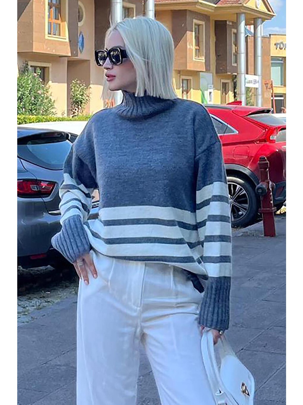 Gri Oversize Balıkçı Yaka Çizgili Kazak Mg2168-2