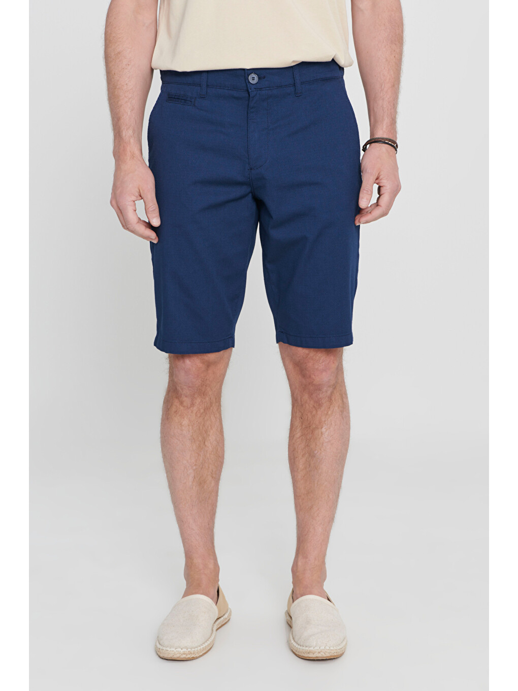 Erkek Lacivert Slim Fit Dar Kesim Pamuklu Yan Cepli Armürlü Şort-1