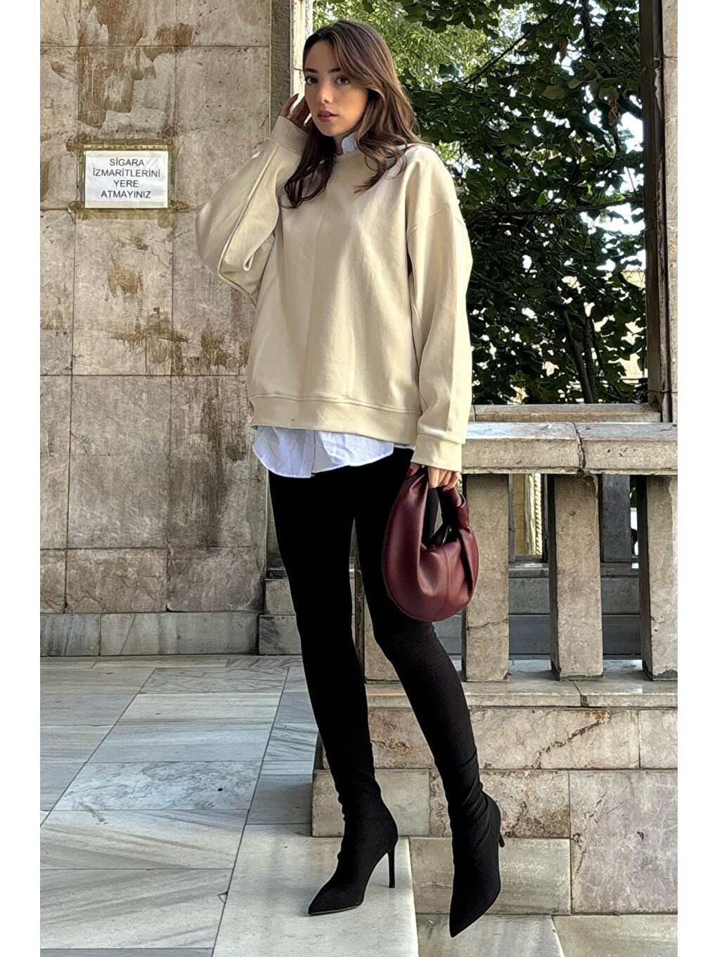 Bej Bisiklet Yaka Basic Sweatshirt Mg2185-2