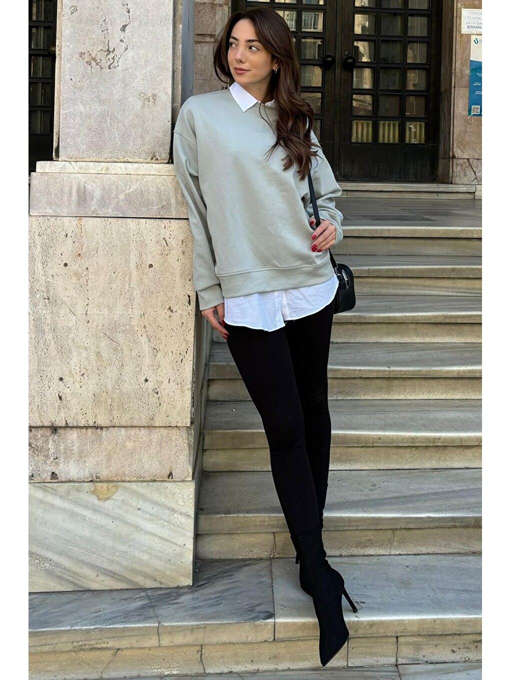 Boyalı Gri Bisiklet Yaka Basic Sweatshirt Mg2185-4