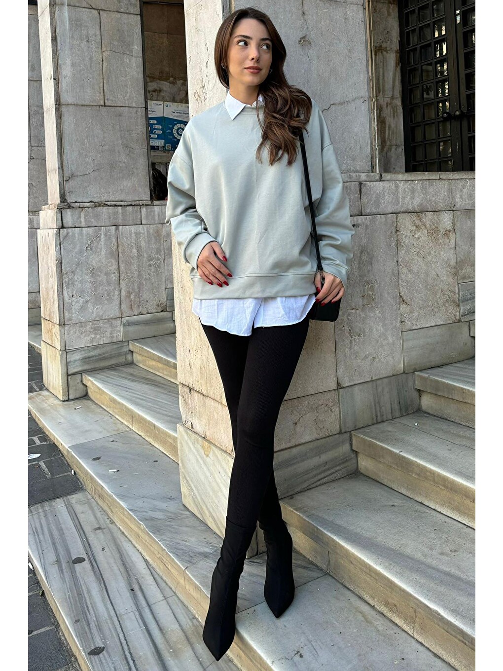 Boyalı Gri Bisiklet Yaka Basic Sweatshirt Mg2185-5