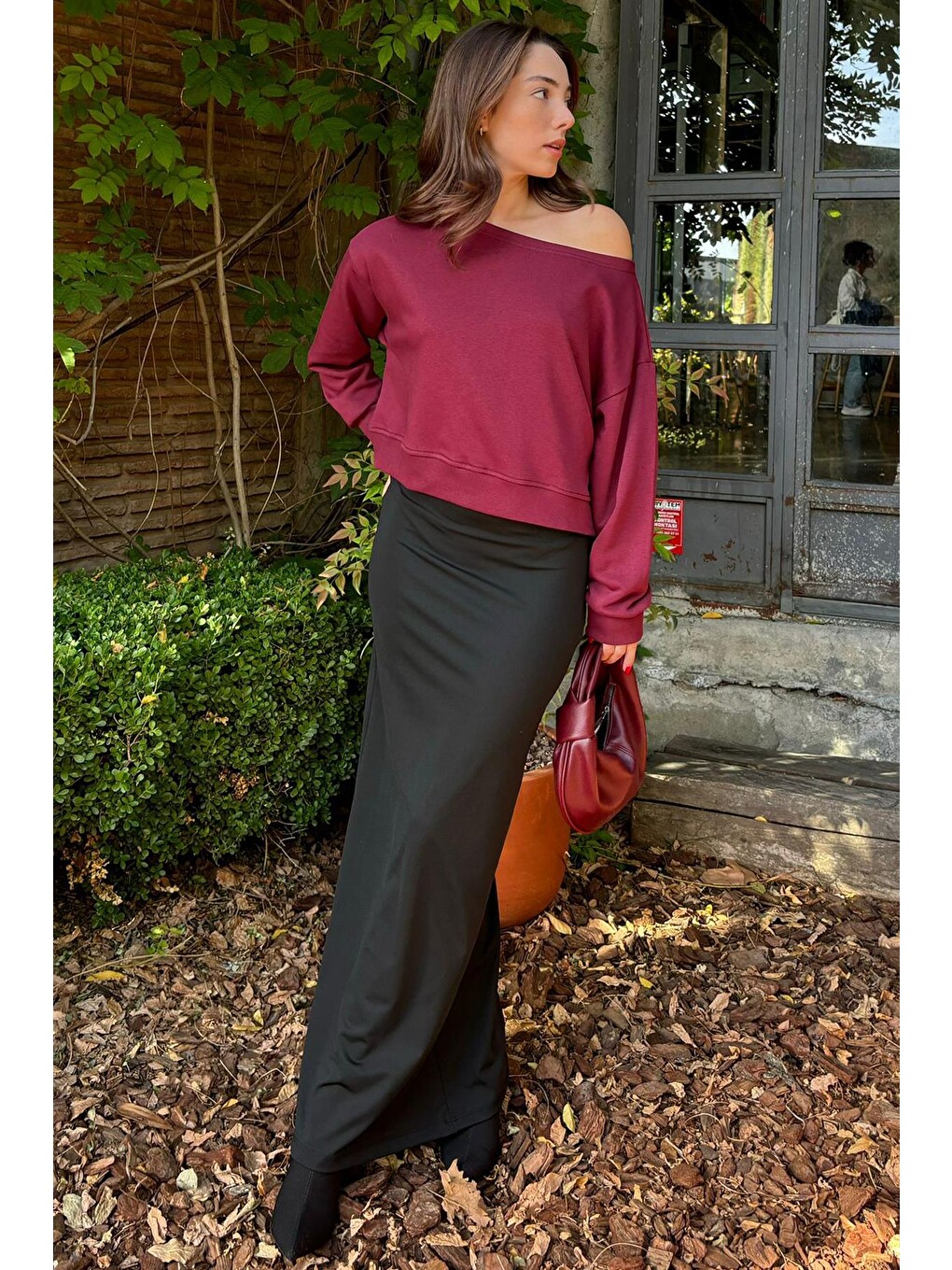 Bordo Kayık Yaka Kadın Sweatshirt Mg2208-5