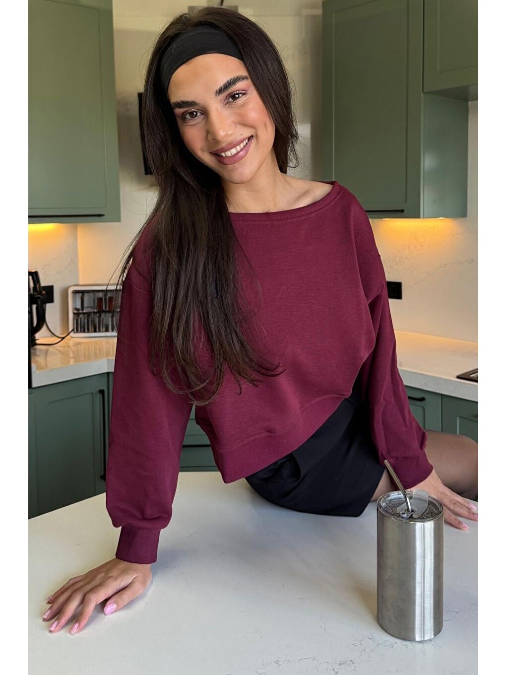 Bordo Kayık Yaka Kadın Sweatshirt Mg2208-1