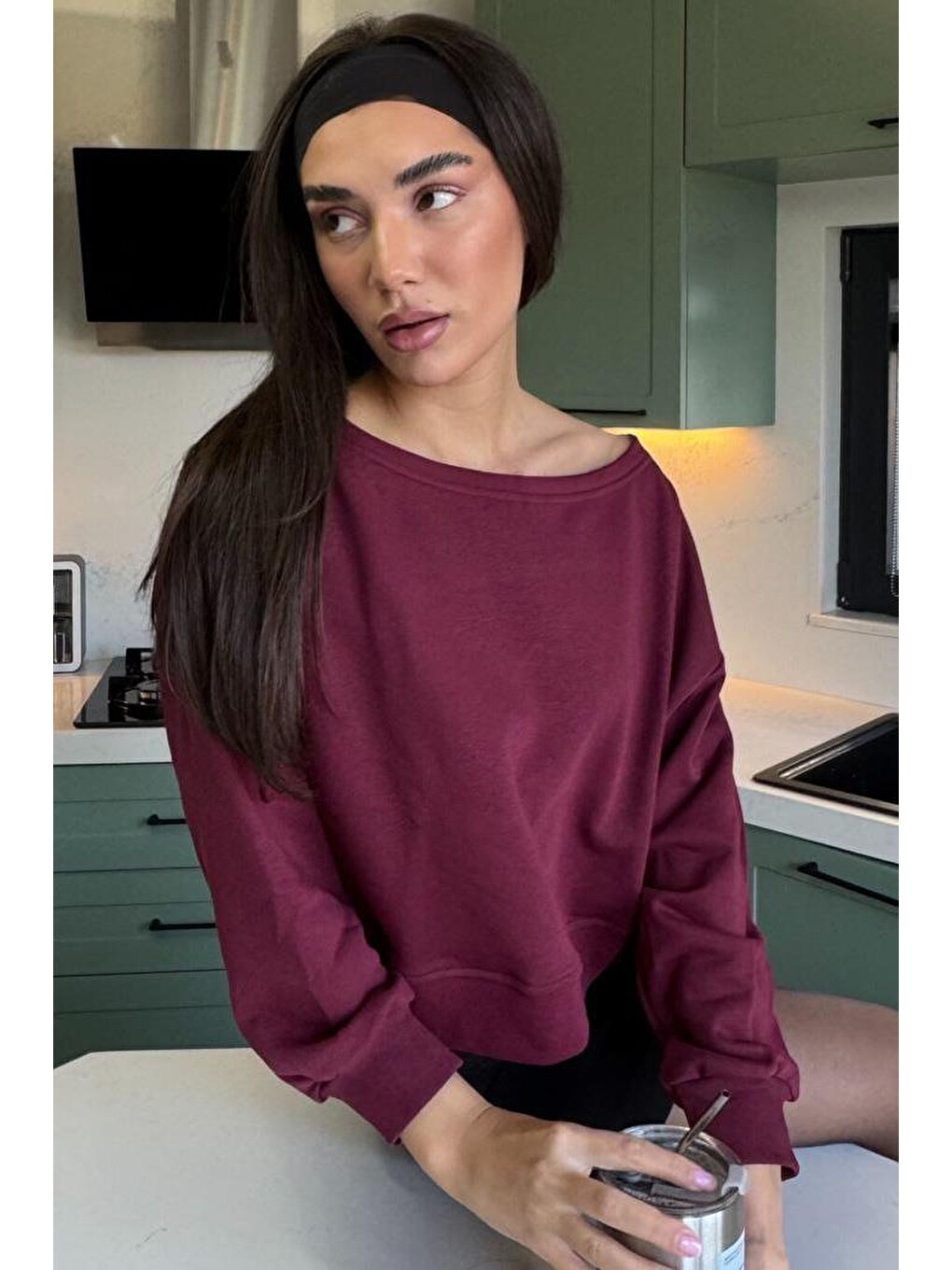 Bordo Kayık Yaka Kadın Sweatshirt Mg2208-3