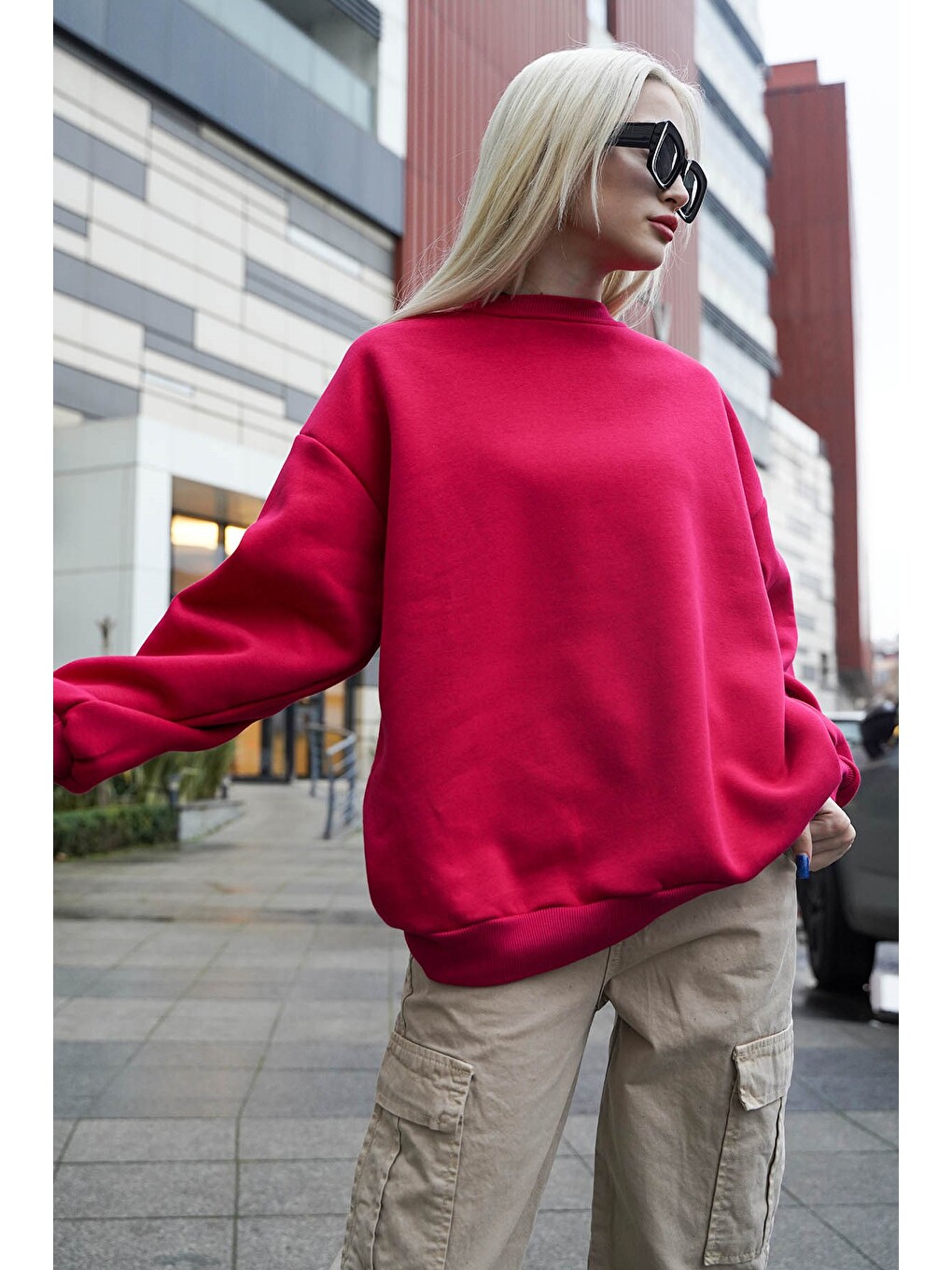Fuşya Bisiklet Yaka Basic Sweatshirt Mg1559-4