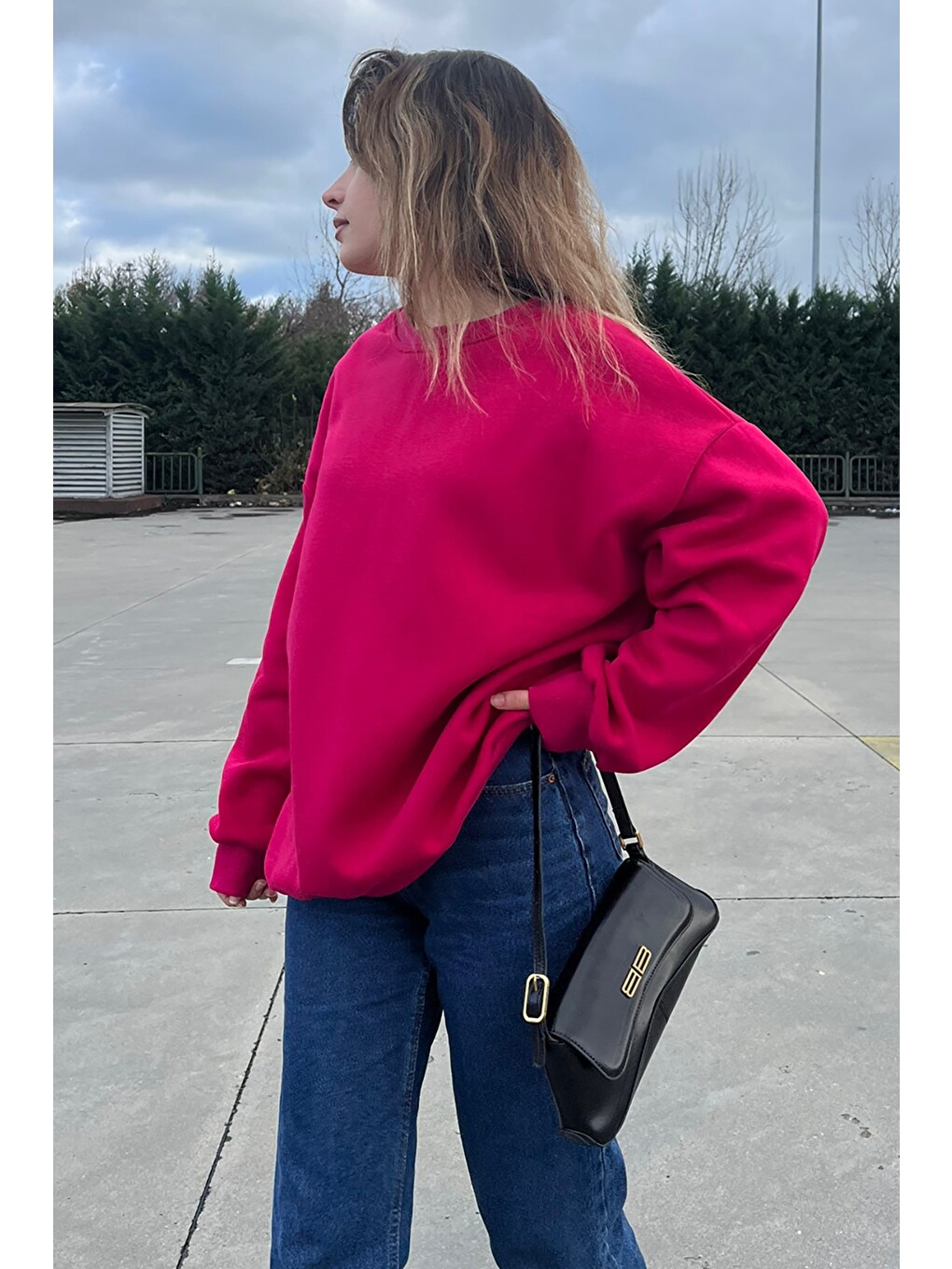 Fuşya Bisiklet Yaka Basic Sweatshirt Mg1559-5