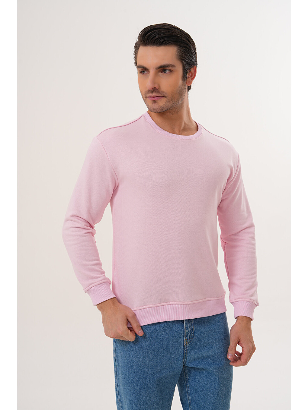 Pembe Unisex Bisiklet Yaka %100 Pamuk Basic Sweatshirt-1