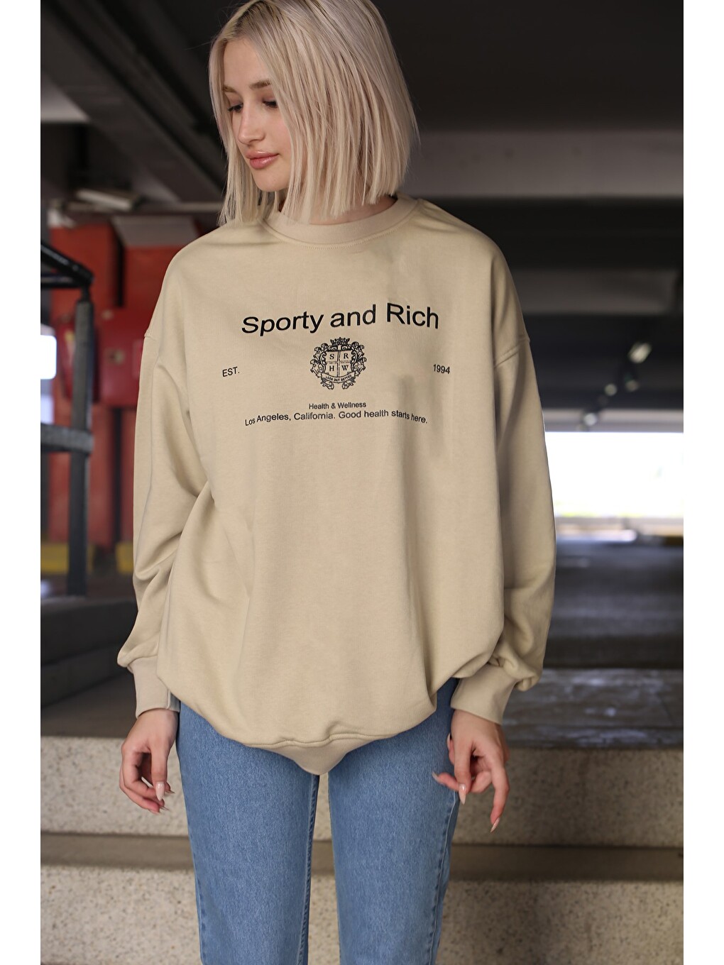 Bej Bisiklet Yaka Baskılı Oversize Kadın Sweatshirt Mg1577-2