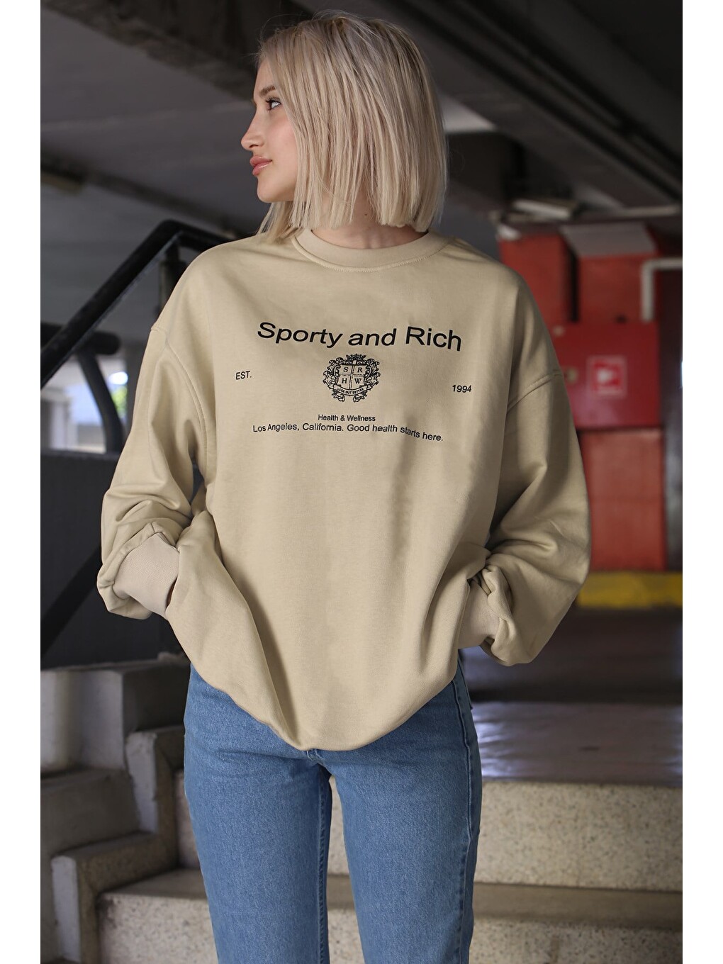 Bej Bisiklet Yaka Baskılı Oversize Kadın Sweatshirt Mg1577-3