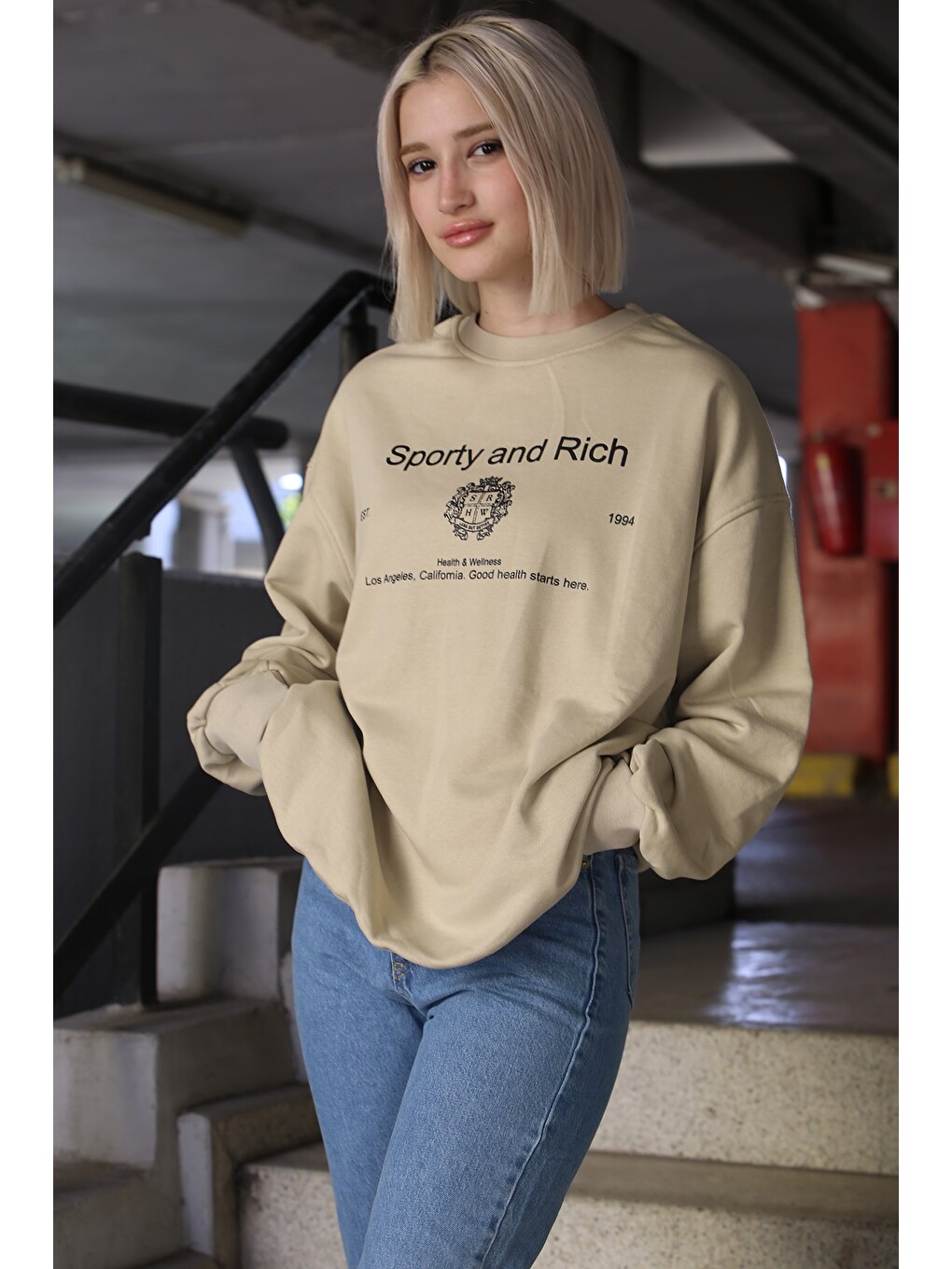 Bej Bisiklet Yaka Baskılı Oversize Kadın Sweatshirt Mg1577-4
