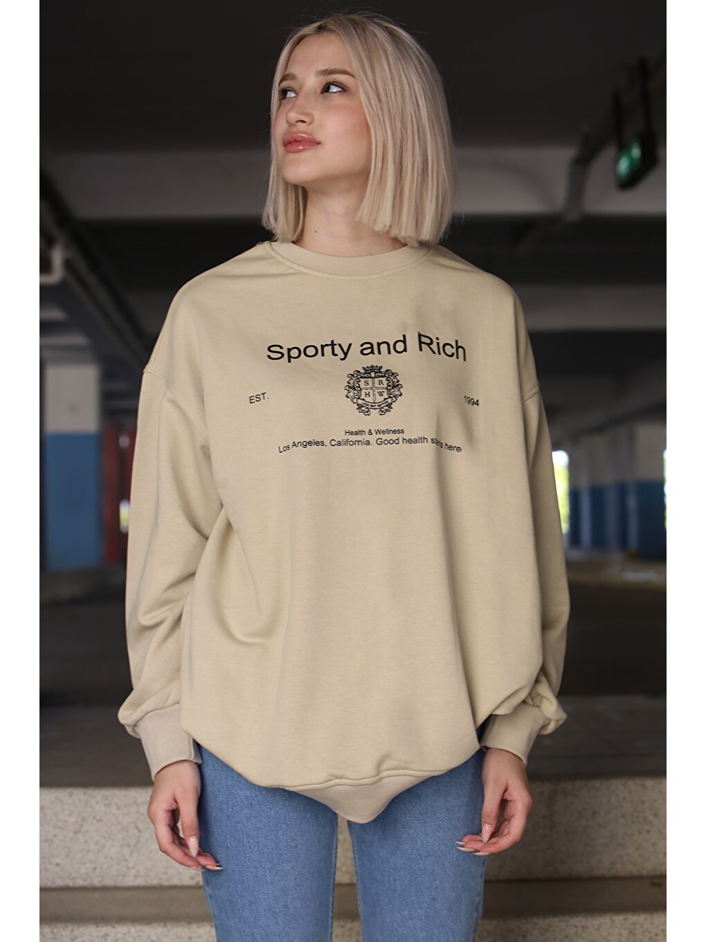 Bej Bisiklet Yaka Baskılı Oversize Kadın Sweatshirt Mg1577-5