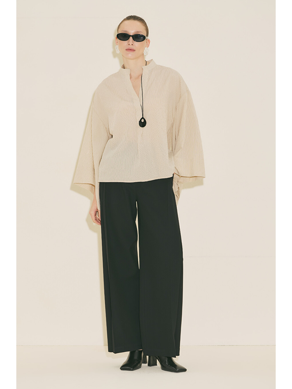 Kimono Kol Bluz Ekru Çizgili-5