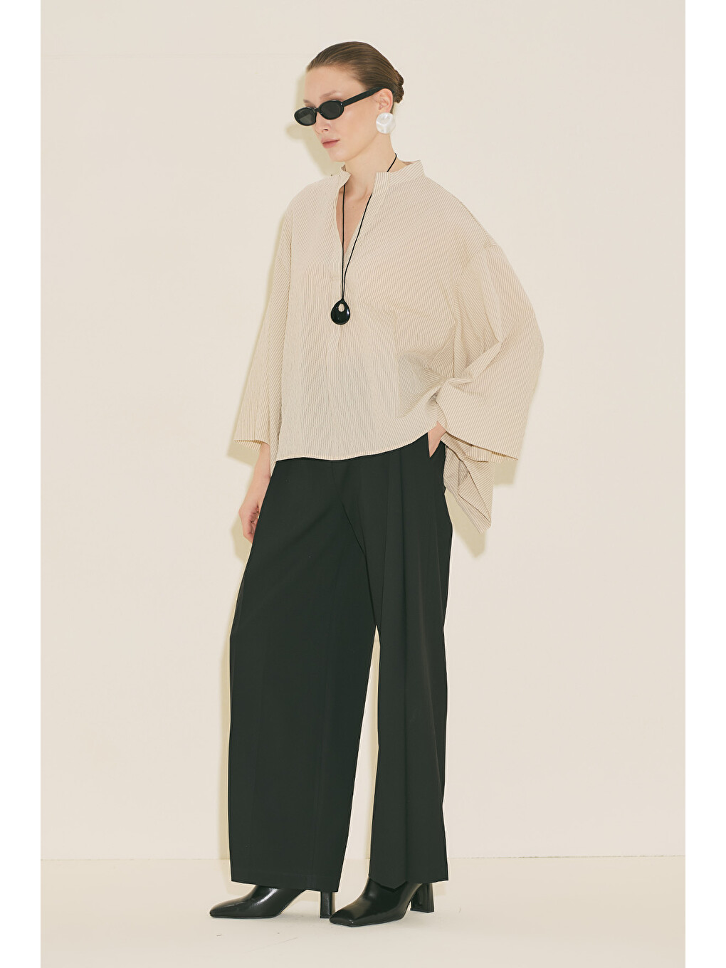 Kimono Kol Bluz Ekru Çizgili-6