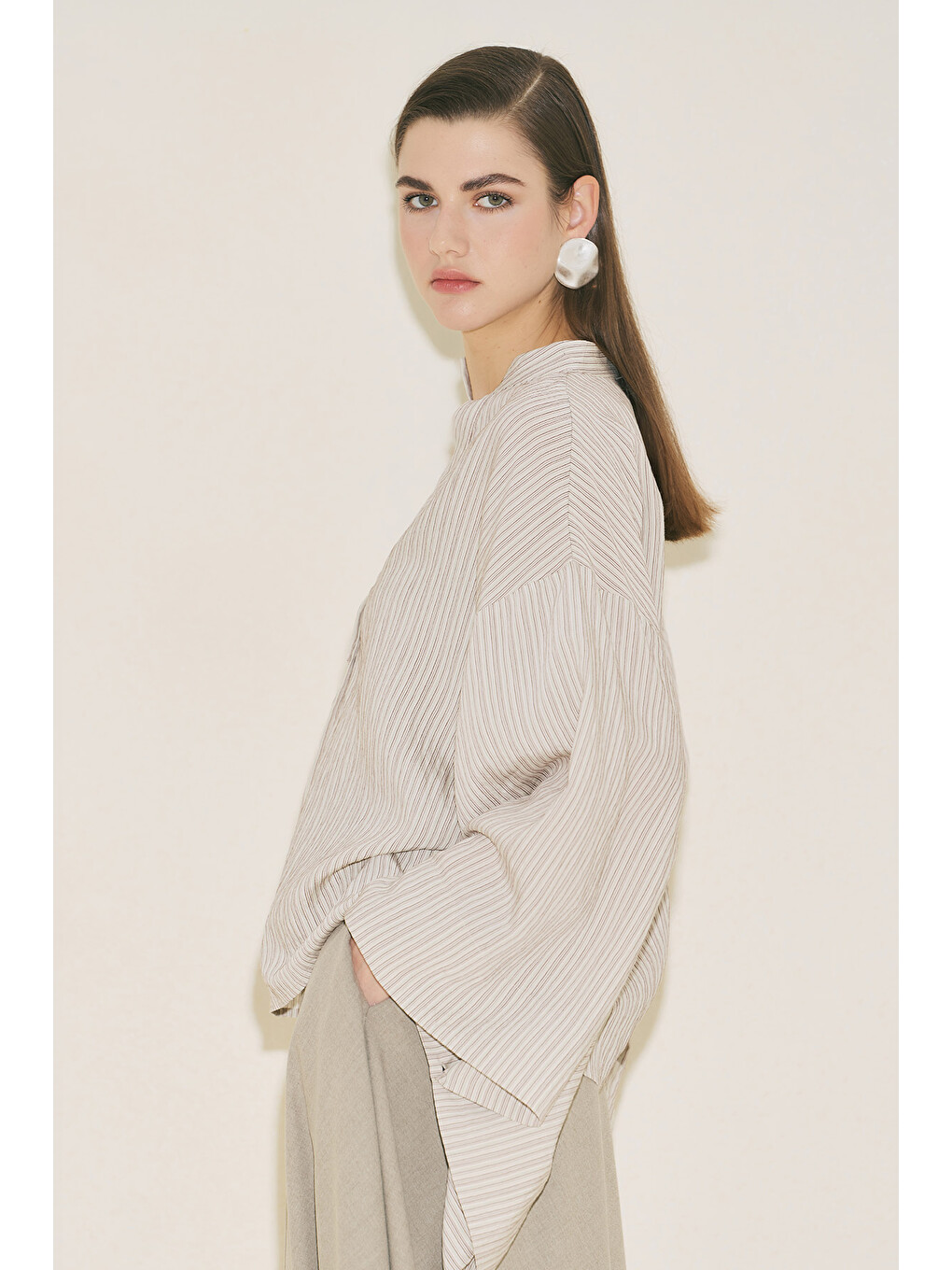 Kimono Kol Bluz Kahverengi Çizgili-5