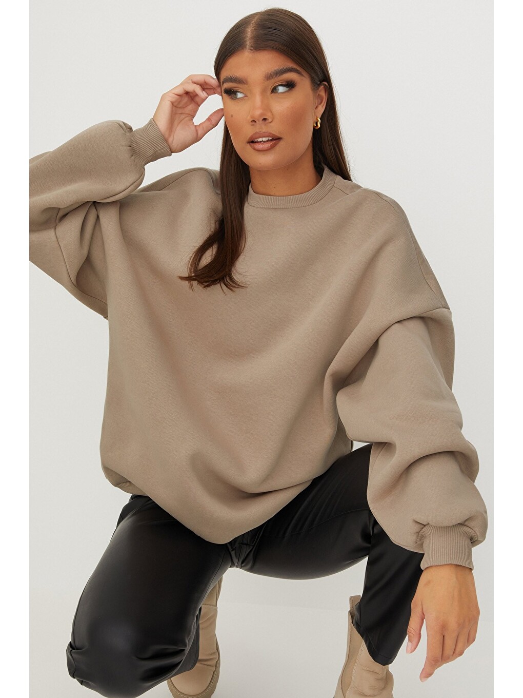 Bej Bisiklet Yaka Basic Sweatshirt Mg1559-2