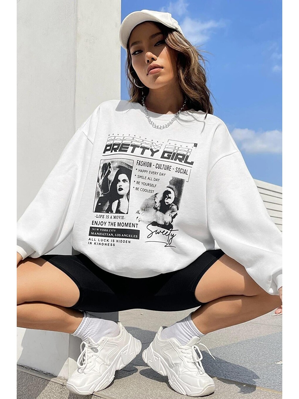 Beyaz Baskılı Oversize Kadın Sweatshirt Mg1923-4
