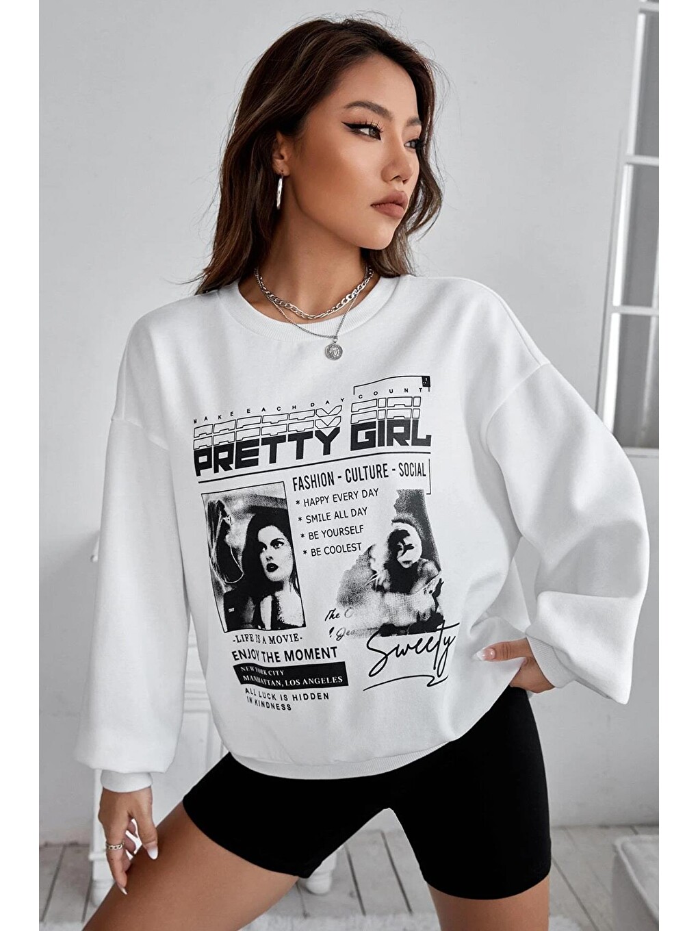 Beyaz Baskılı Oversize Kadın Sweatshirt Mg1923-1