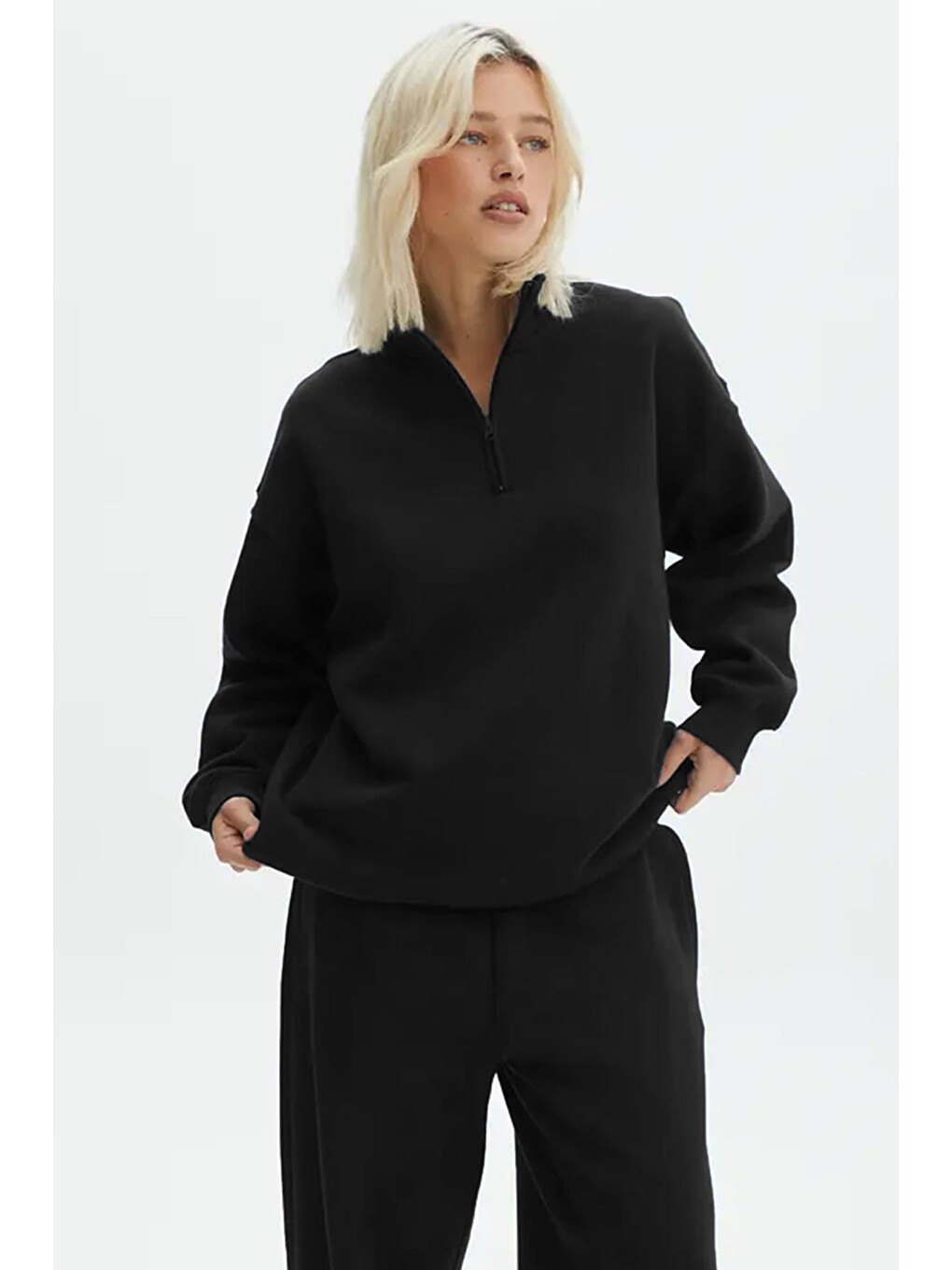 Siyah Fermuar Detaylı Oversize Sweatshirt Mg1933-1