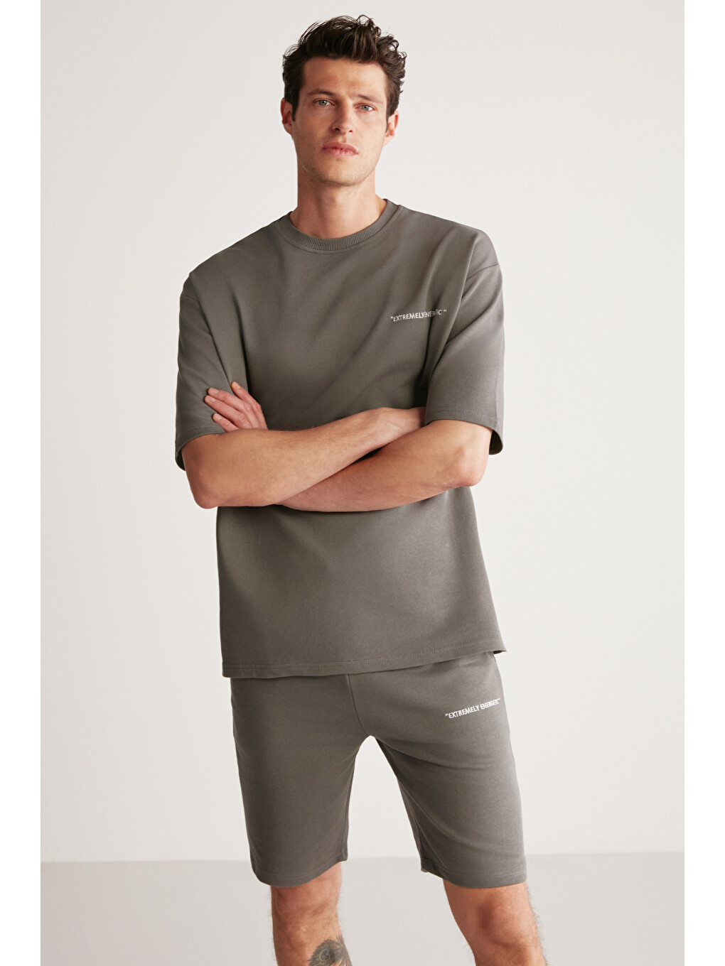 Gri COLOMBIA Erkek 2'Li Set Comfort Fit Rahat Kalıp Yazı Nakışlı Şardonsuz GRİ Eşofman Takımı-1