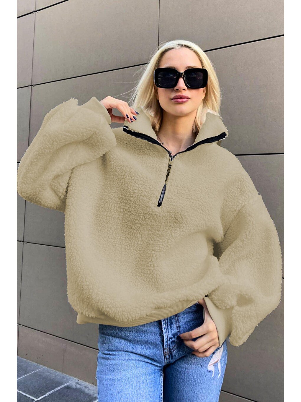 Bej Pelüş Fermuar Yaka Sweatshirt Mg1413-5