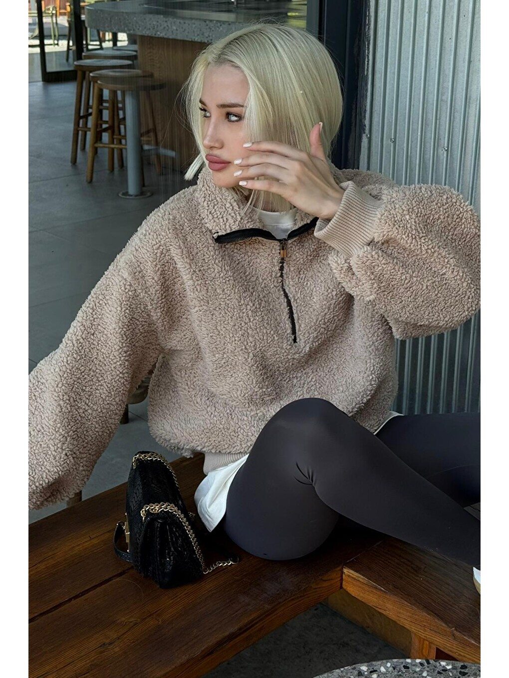 Bej Pelüş Fermuar Yaka Sweatshirt Mg1413-8